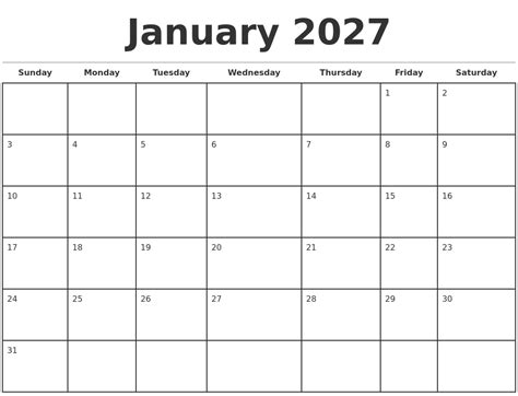 January 2027 Monthly Calendar Template