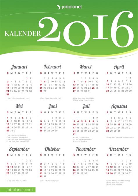 Kalender 2016 Lengkap Dengan Libur Nasional Jobplanet Blog