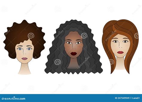 Set Of Women`s Faces With Different Hairstyles And Skin Colors Color