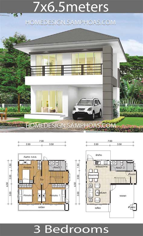 The magic number for small families. Small Home Plans 7x6.5m with 3 bedrooms - House Plans 3D