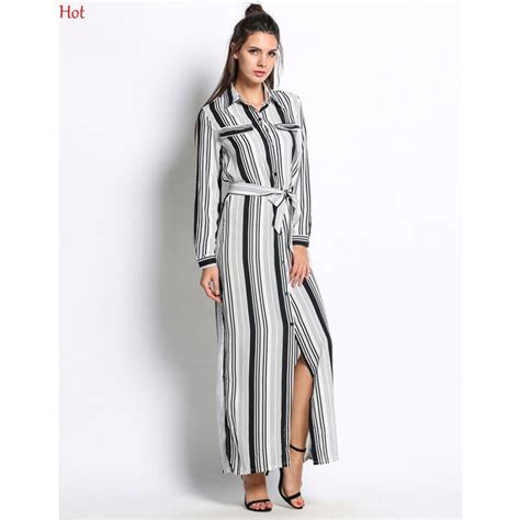 hot black white striped maxi shirt dress long sleeve elegant button party dresses high split