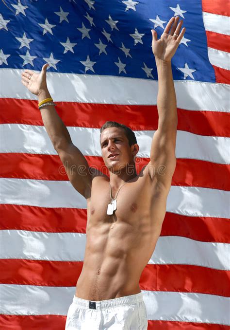 Muscular Man With Us Flag Behind Stock Image Image Of Muscular Shirtless