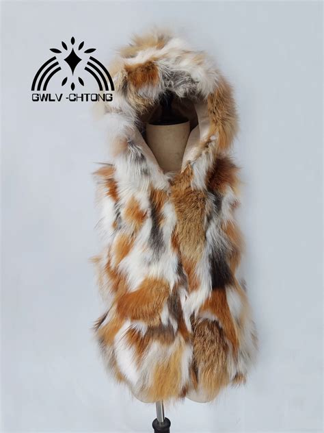 Real Genuine Natural Fox Fur Vest With Hood Womens Red Fox Fur Gilet