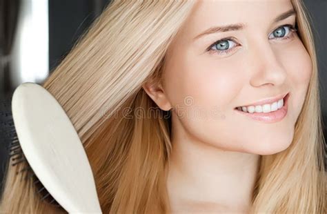 Beautiful Happy Woman Combing Her Long Blond Hair Stock Image Image