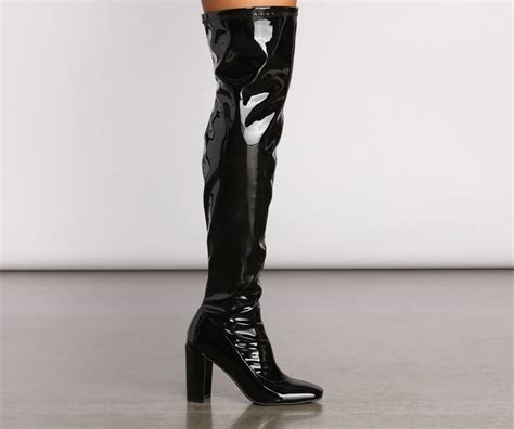patent faux leather thigh high heeled boots and windsor