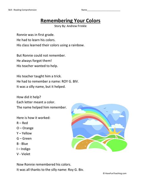 Reading Comprehension Worksheet Remembering Your Colors