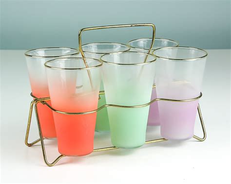 Vintage Blendo Drinking Glasses Set Of Six With Holder