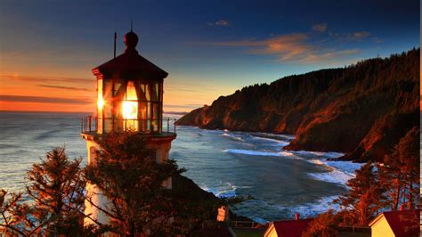 Sunset Lighthouse Cliff Landscape Wallpapers Hd