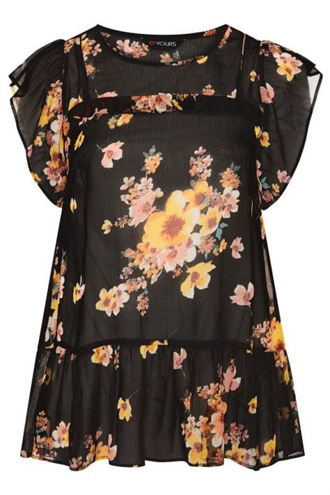 Black Floral Frill Chiffon Blouse Yours Clothing