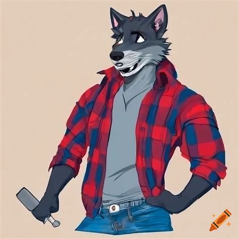 Side View Of A Male Wolf Fursona Construction Worker