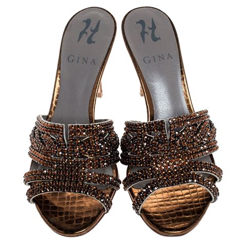 Gina Metallic Bronze Crystal Embellished Leather Slide Sandals Size 37 Gina Tlc