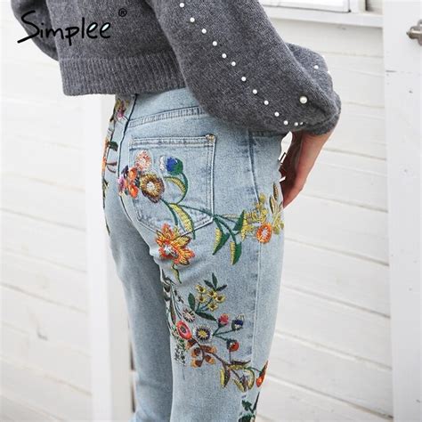 Buy Simplee Floral Embroidery Women Jeans Pants Casual High Waist Jeans Femme