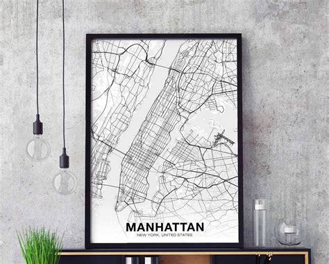 Manhattan New York Ny Usa Map Poster Black White Hometown City Print