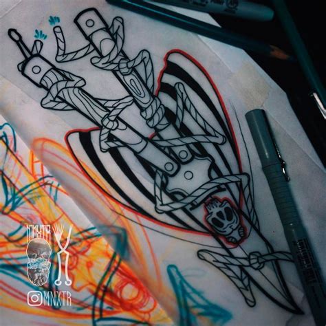 It’s the only way to explain the knife, but it’s certainly an original design. Butterfly knife neotraditional tattoo ideas by Eugene @mnxtr | Татуировки, Эскиз, Олдскул