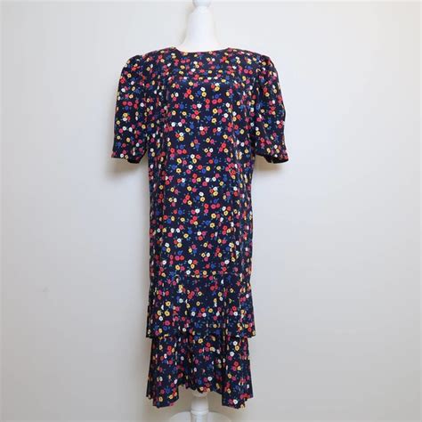Vintage Dresses Vintage 8s Ms Chaus Navy Blue And Red Floral Print