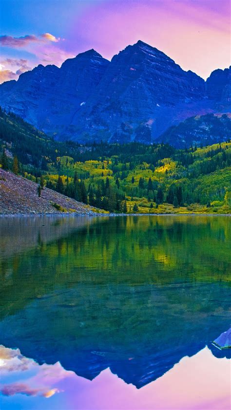Rocky Mountains Wallpaper 4k Lake Green Trees Reflection Purple Sky