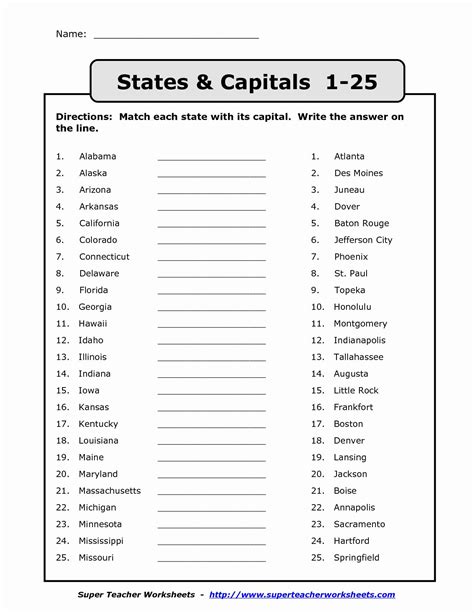 States And Capitals Test Worksheet