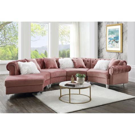 Acme Ninagold Sectional Sofa With 7 Pillows In Pink Velvet 57360