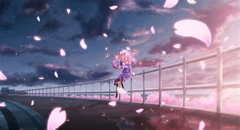 Download 3400x1845 Anime Girl Sakura Blossom Landscape Sky Dress