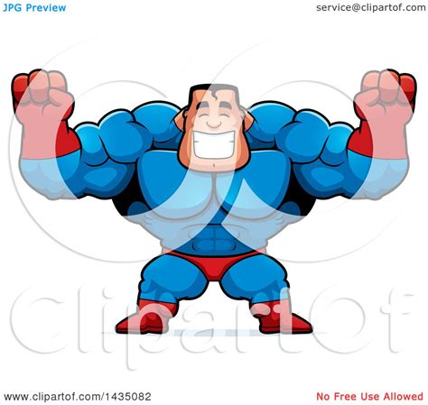Clipart Of A Cartoon Buff Muscular Male Super Hero Cheering Royalty