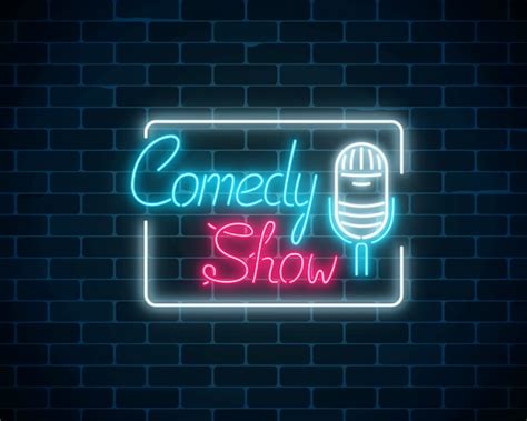 Premium Vector Glowing Neon Comedy Show Sign With Retro Microphone In