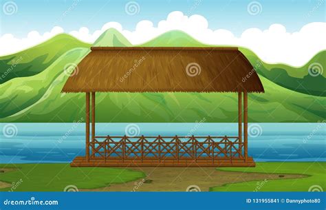 Dock On Mountain Lake Cartoon Vector 97372679