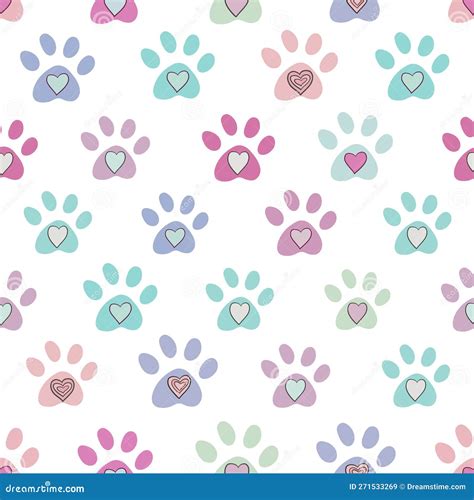 Pastel Paw Print With Hearts Seamless Fabric Design Pattern Stock