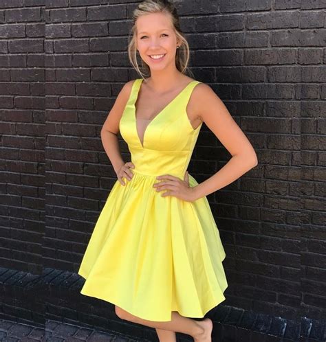 V Neck Short Yellow Satin Homecoming Party Dresses In Homecoming