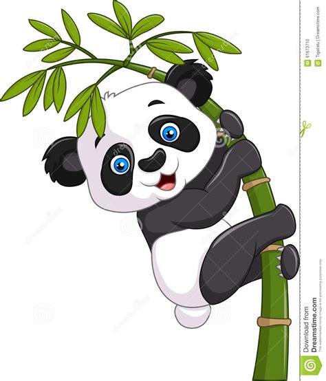 Cute Funny Baby Panda Hanging On A Bamboo Tree Stock Vector