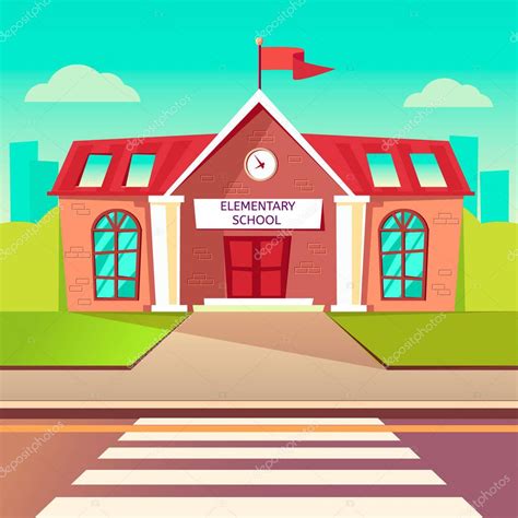 Elementary School Flat Buildung Back To School Cartoon Background