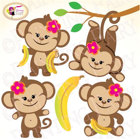 Clipart Cute Girl Monkeys With Bananas Zoo Safari Clip Art