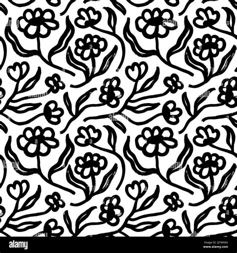 Hand Drawn Black Flowers Vector Seamless Pattern Stock Vector Image