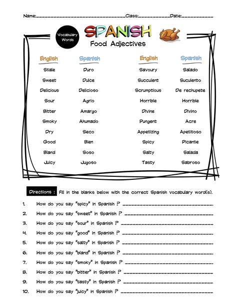 Spanish Food Adjectives Vocabulary Word List Worksheet Answer Key