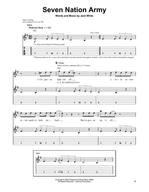 Seven Nation Army Sheet Music White Stripes Guitar Tab Single Guitar