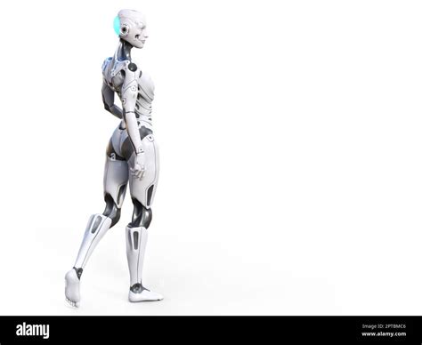 3d Rendering Of An Android Robot Woman Posing With Her Back Against The
