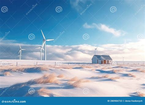 Windmills Stand In A Snowy Field Stock Illustration Illustration Of