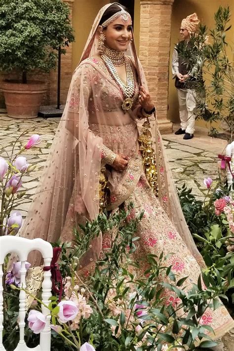 Anushka Sharma Peach Embroidered Taffeta Silk Bridal Wear Lehenga Choli