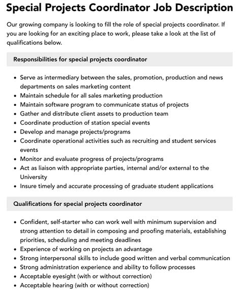 Special Projects Coordinator Job Description Velvet Jobs