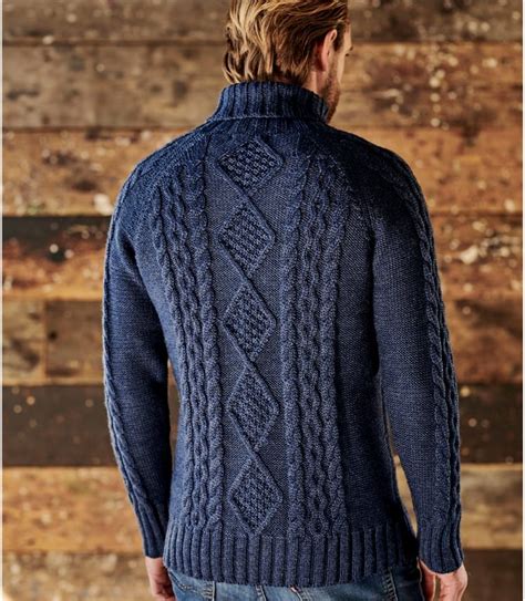 Denim Marl Pure Wool Knitted Aran Polo Neck Jumper Woolovers Uk