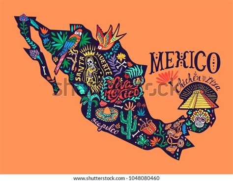 Mapa Ilustrado Estilizado De México Con Elementos De Naturaleza Y Cultura