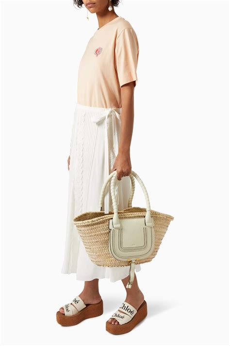 Shop Chloé White Medium Marcie Basket Bag In Raffia And Grained Calfskin