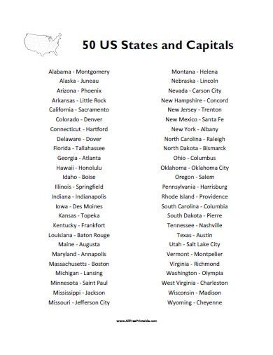 States And Capitals List Free Printable