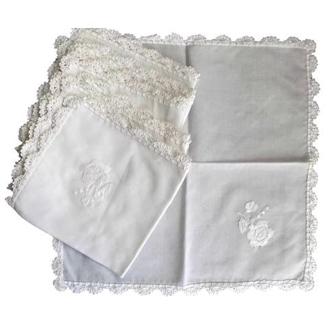 Six Vintage Square Linen Napkins Hand Embroidered Rose Crochet Lace