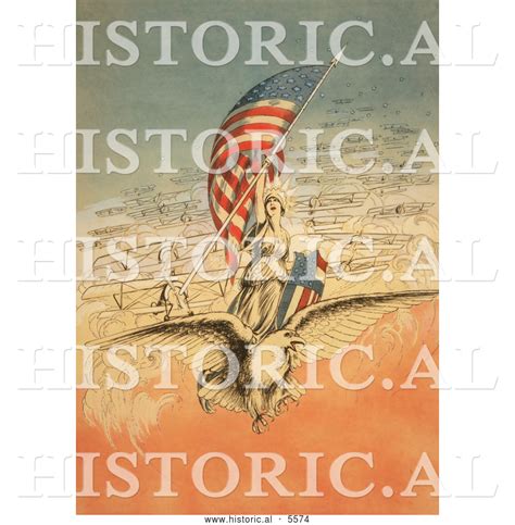 Historical Illustration Of Columbia On An Eagle Holding Flag Followed