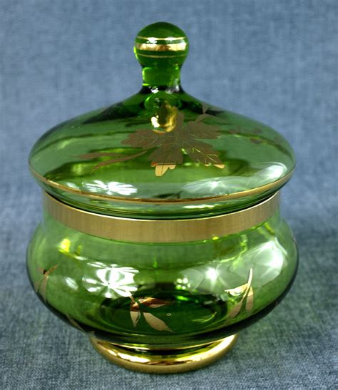 Vintage Mid Century Green Glass Candy Dish With Lid And Gold Etsy