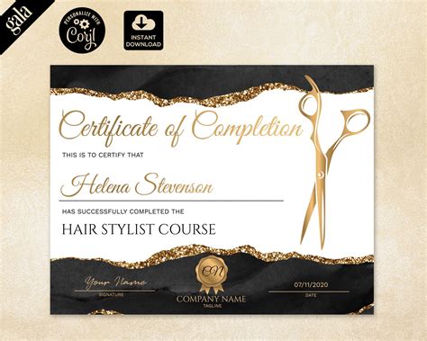 certificate of completion hair extension certificate template agate gold printable certificate