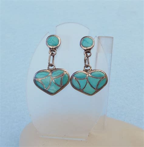 Zuni Inlaid Turquoise Sterling Pierced Heart Earrings Heart