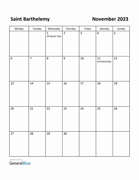 Free Printable November 2023 Calendar For Saint Barthelemy