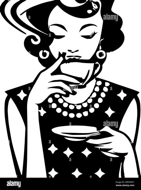 Vintage Woman Drinking Coffee Black And White Black And White Vector