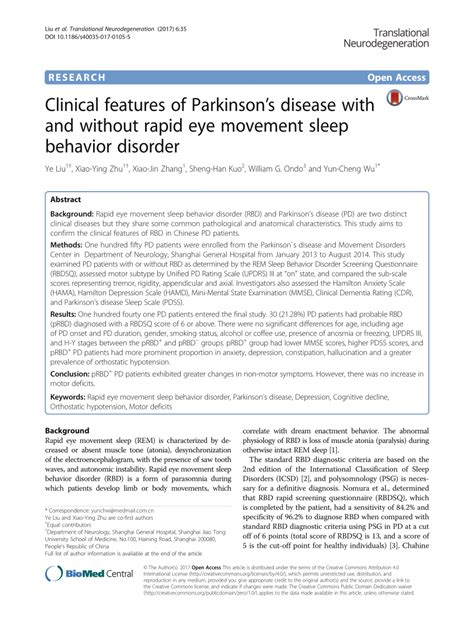 Pdf Clinical Features Of Parkinsons Disease With And Without Rapid Eye Movement Sleep